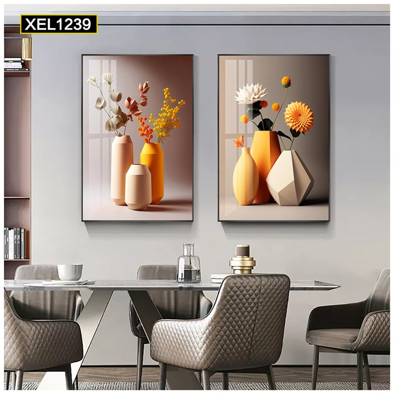 两联花瓶花朵客厅墙面装饰画餐厅饭厅背景墙壁画清新艺术晶瓷挂画图片