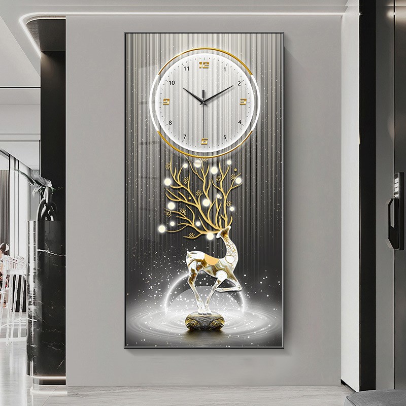 玄关钟表装饰画现代简约麋鹿壁画客厅走廊挂画过道竖版时钟晶瓷画图片
