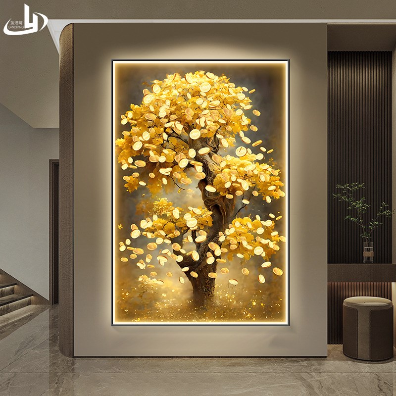 发财摇钱树入户门生n财玄关装饰画带灯客厅挂画招财高级感镶钻壁