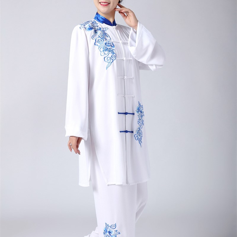 恋太极包邮新款刺绣太极服加长款绣花表J演服男女款练功服晨练服