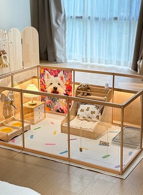 宠物狗围栏实木亚克力围栏可加盖猫笼隔离猫栏栅透明狗笼子小型犬