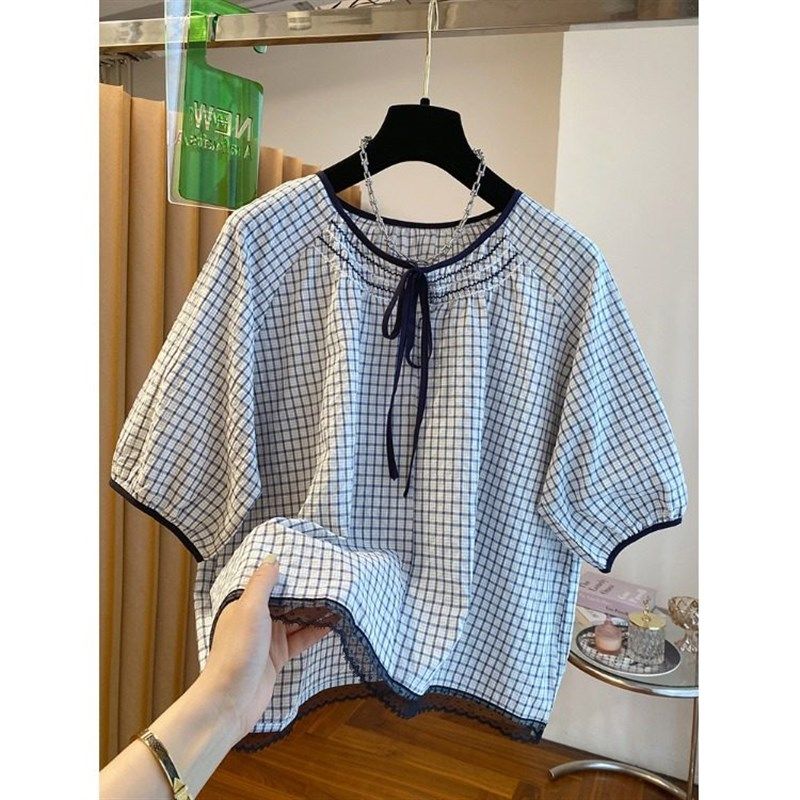 设计感下摆网纱拼l接格子衬衫女夏季宽松减龄泡泡袖圆领系带娃娃
