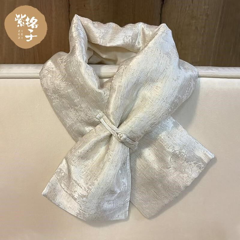 围脖女秋冬新款麻料印花国风保暖围巾小众设计感民族风盘扣丝巾