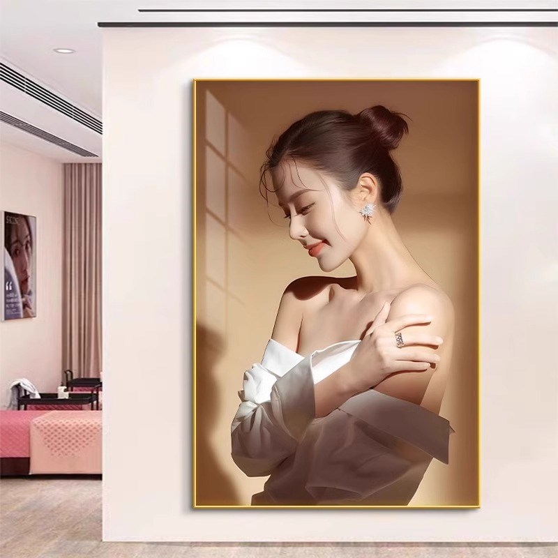 美女人物美容院玄关装饰画养生馆走廊背景墙挂画皮肤管理宣传壁画