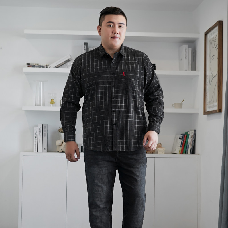 超大尺码秋季加厚长袖衬衫男士胖子宽松加肥加大肥佬胖子格子衬衣