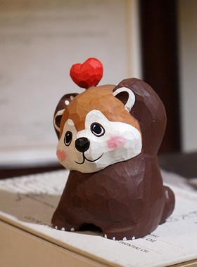 比心!浣熊手工木雕小摆件可爱卡通动物桌面装饰品礼物情侣女