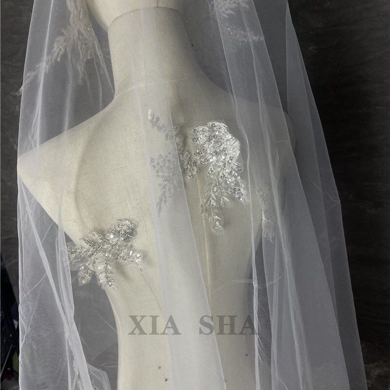 新款新娘高级感重工排花珠秀花清透头纱婚礼拍照影楼旅拍道具