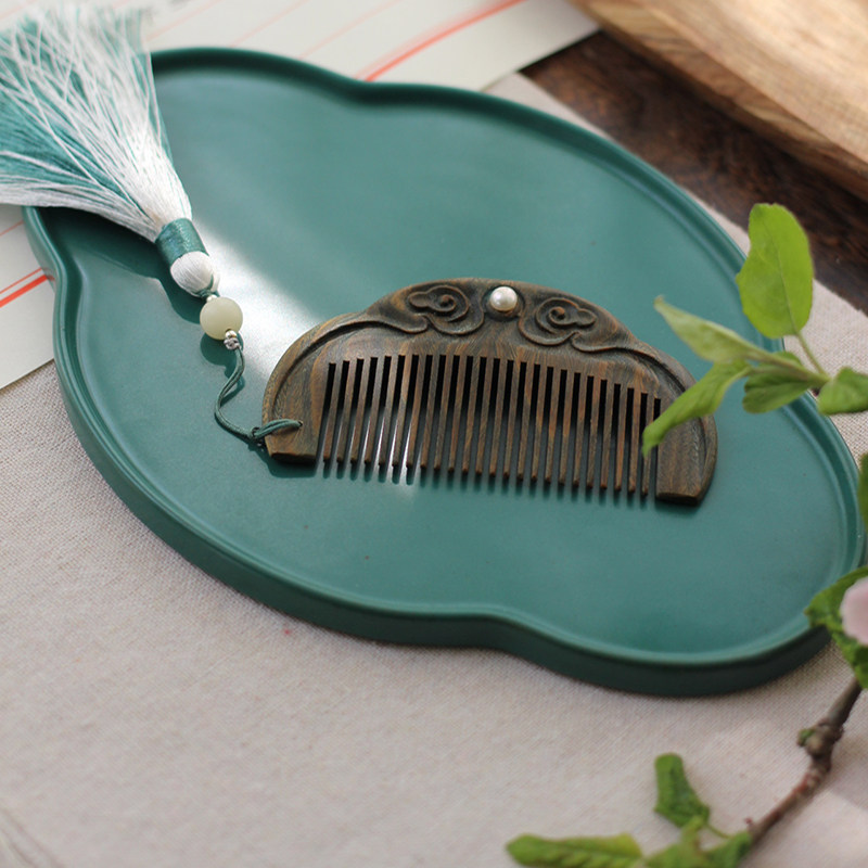 皎皎 中式国风及笄礼物定情信物雕花镶珍珠天然绿檀木.梳子 刻字