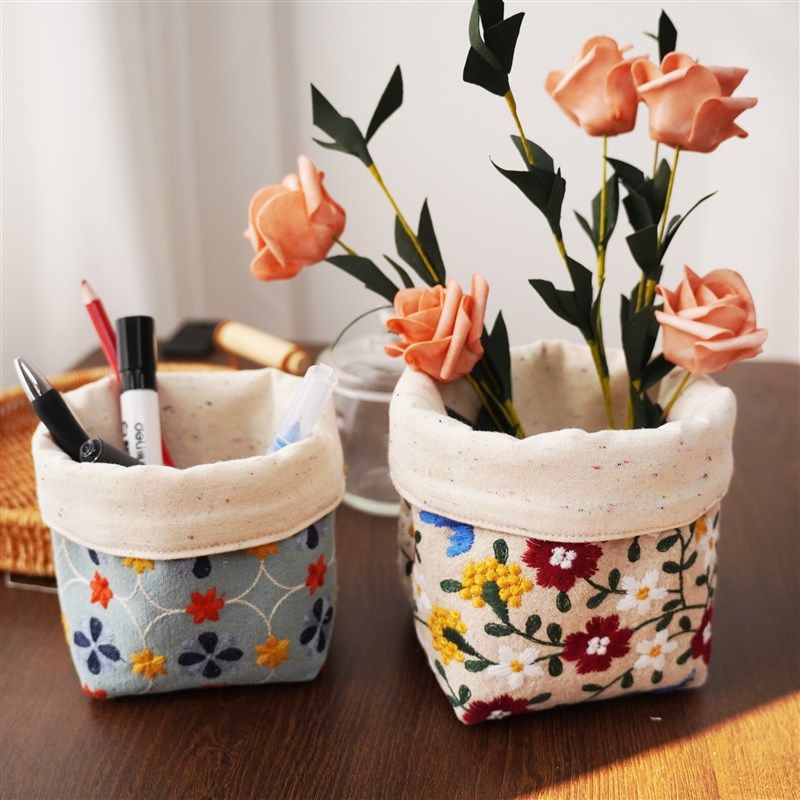 刺绣布艺笔筒文艺化妆眉笔筒文具收纳大容量桌面收纳ins风