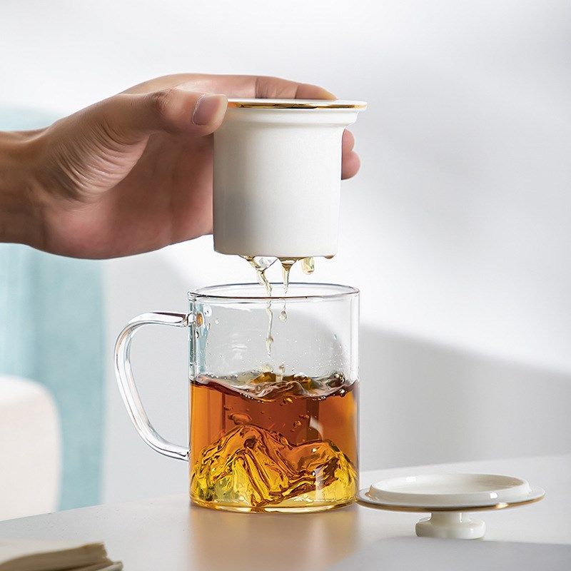 观山玻璃水杯陶瓷内胆茶水分离透明花茶玻璃泡R茶杯 带盖把过滤
