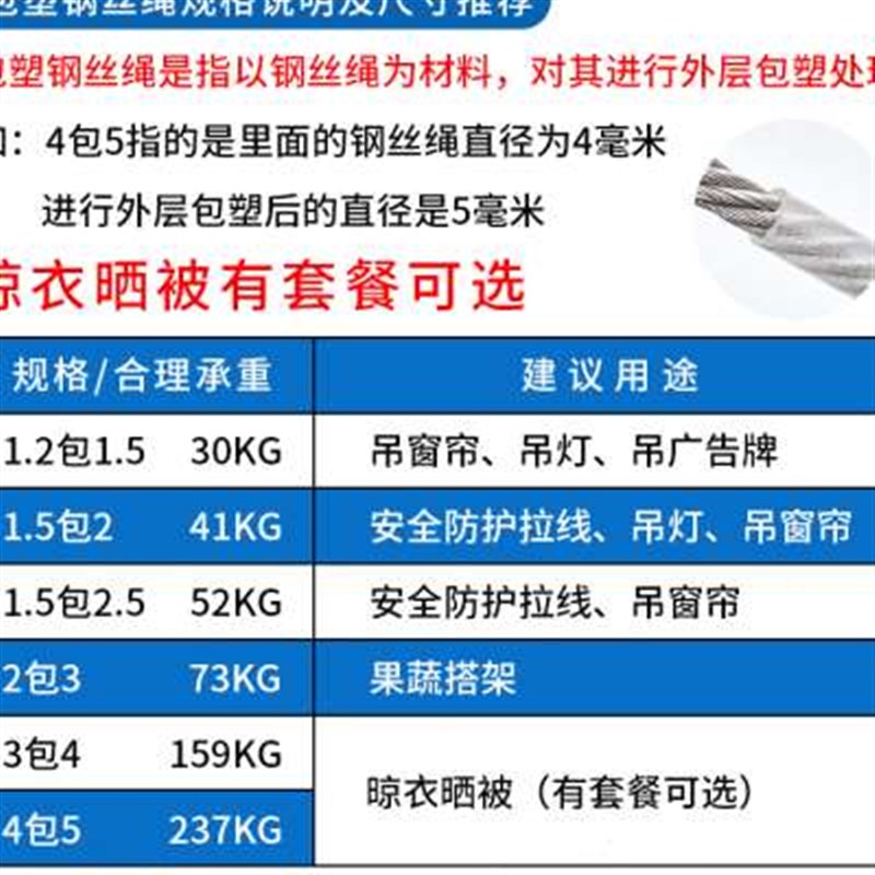 304不锈钢钢丝绳包塑涂塑包胶 带皮 带胶套钢丝绳子 晾衣晒被绳子