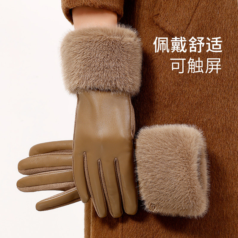 麂皮绒毛口皮手套女士冬季骑行加绒防寒骑K电动摩托车防滑防风触