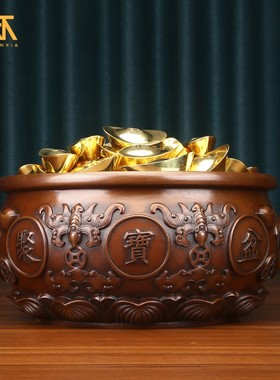 实心紫铜聚宝盆摆件铜工艺品客厅玄关书柜办公桌博古架家居装饰品