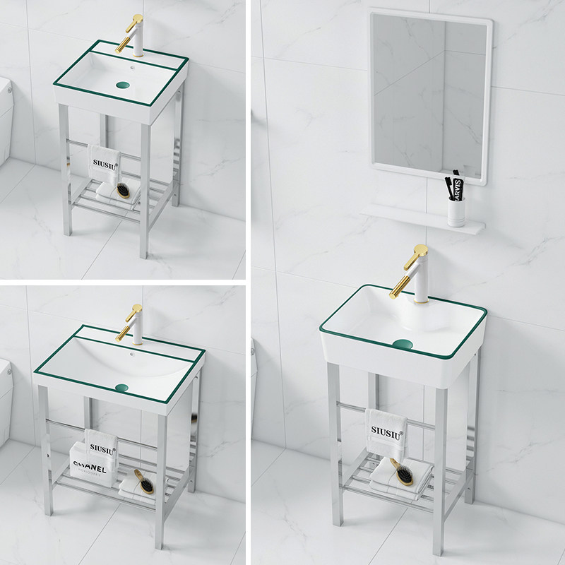 阳台落地式绿边不锈钢支架洗x手盆一体陶瓷卫生间洗脸盆简约洗漱