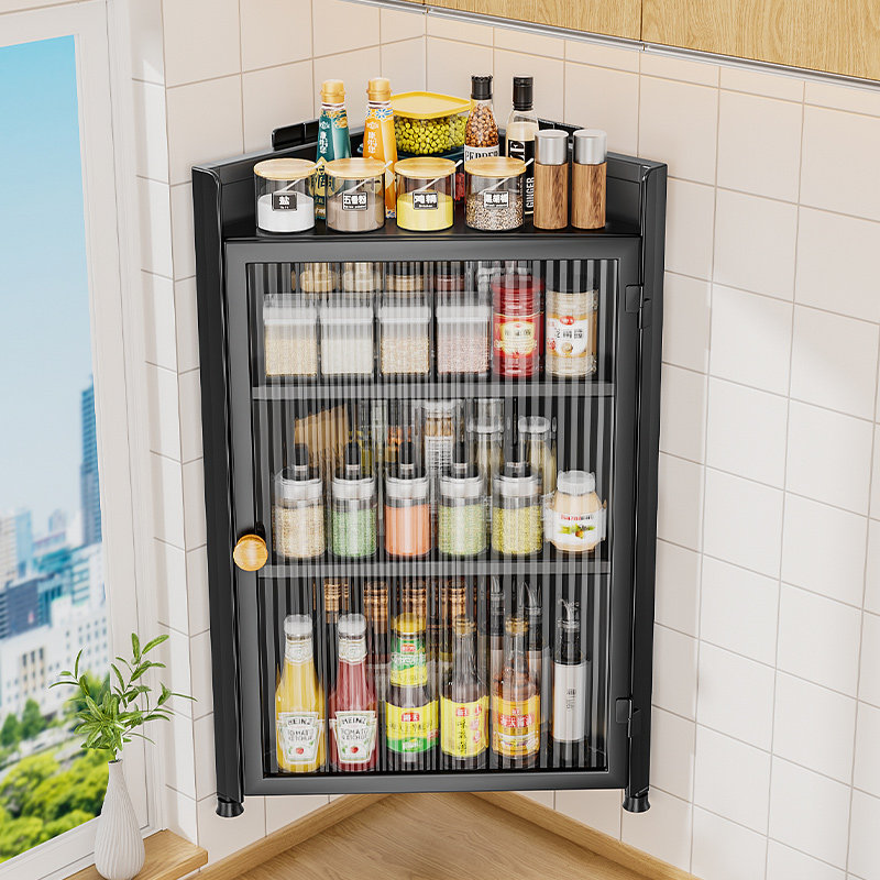 厨房调味品置物架带门防尘壁挂式转角调料架子三T角收纳柜子储物