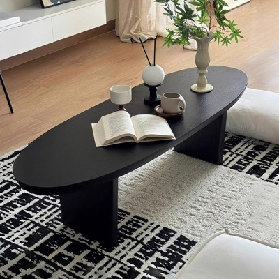 北欧实木茶几侘寂风黑色椭圆茶台