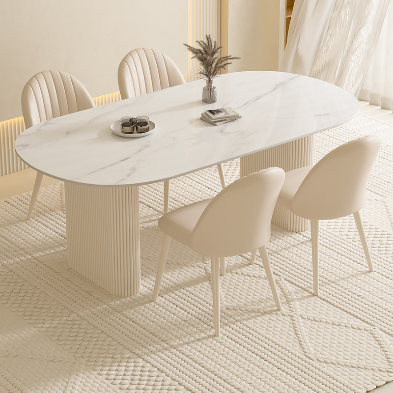 岩板餐桌轻奢现代简约家用小户型奶油风家庭椭圆形餐桌椅吃饭桌子