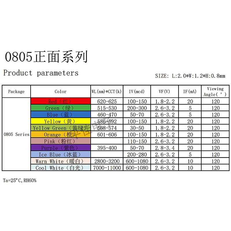 0805灯珠贴片LEmD发光二极管2012正面单色红绿蓝黄橙粉紫冰蓝暖白