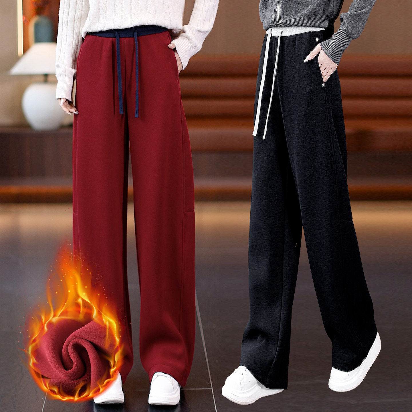 秋冬新款加绒加厚松紧腰抽绳休闲裤女百搭高腰宽松显瘦阔腿弯刀裤,女装/女士精品,休闲裤,淘宝优惠券,粉丝福利购,淘宝优惠卷