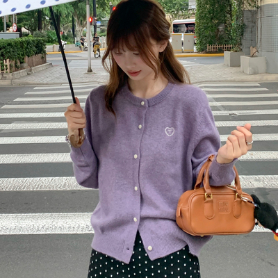 猫人香芋紫色圆领针织开衫女外搭