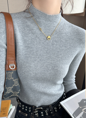 猫人浅灰色半高领羊毛打底衫女装内搭毛衣高级感线衣冬季针织上衣