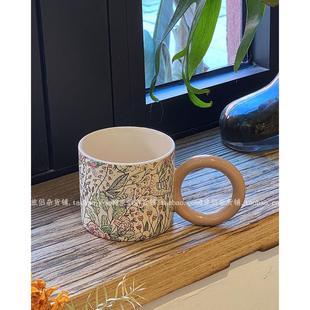 复古英伦风花鸟图案大手柄陶瓷马克杯咖啡杯拉花杯家用水杯早餐杯