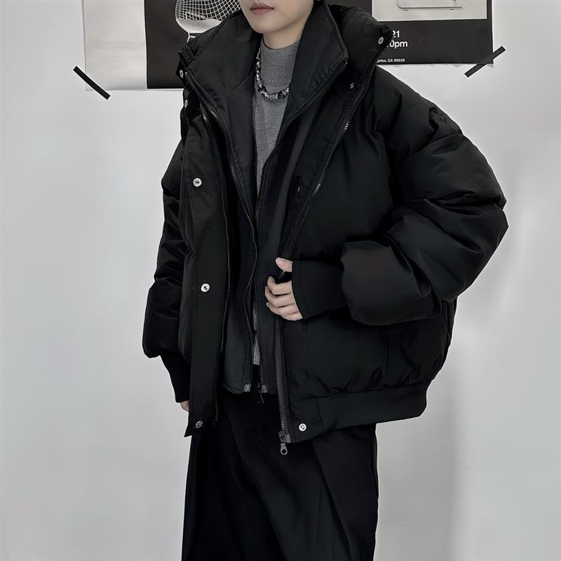 。冬装韩版假两件棉服男女痞帅纯色系加厚立领棉衣休闲面包服外套