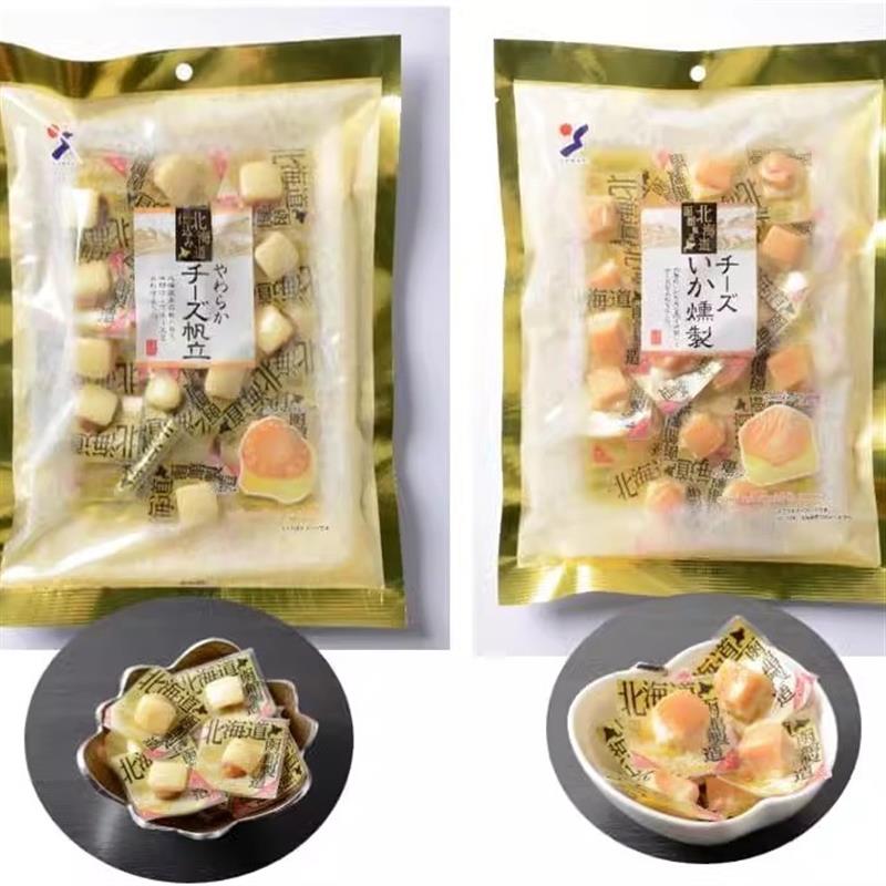 新货包邮北海道函馆熏制芝士扇贝鱿鱼柔软奶酪下酒菜开袋即食