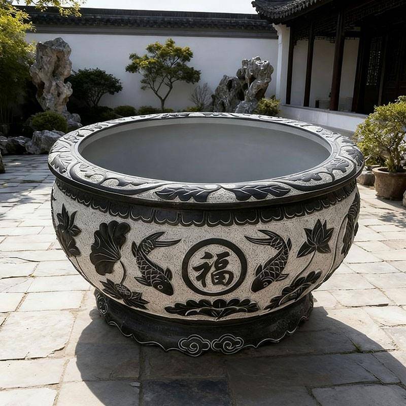 海石花石雕鱼缸花岗岩门海石缸青石手工荷花缸户外庭院养鱼种花流