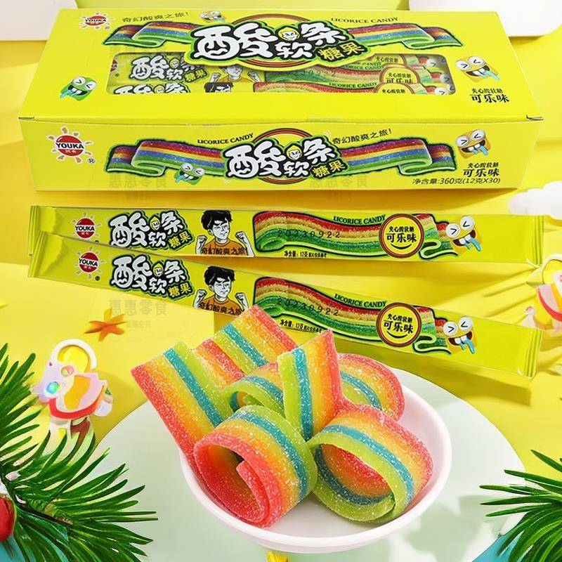 水果味凝胶软糖优卡酸软条夹心软糖可乐水果味凝胶糖果酸甜彩虹长