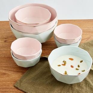轻奢金边钻石碗陶瓷碗家用可爱粉色网红餐具清新绿色大汤盆 6个装