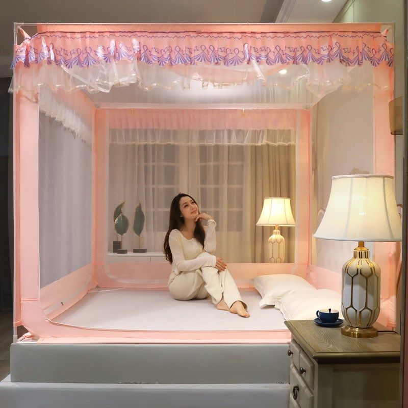 CB#U型外穿杆拉链坐床式蚊帐三开门方顶宫廷支架加密加厚双人家用