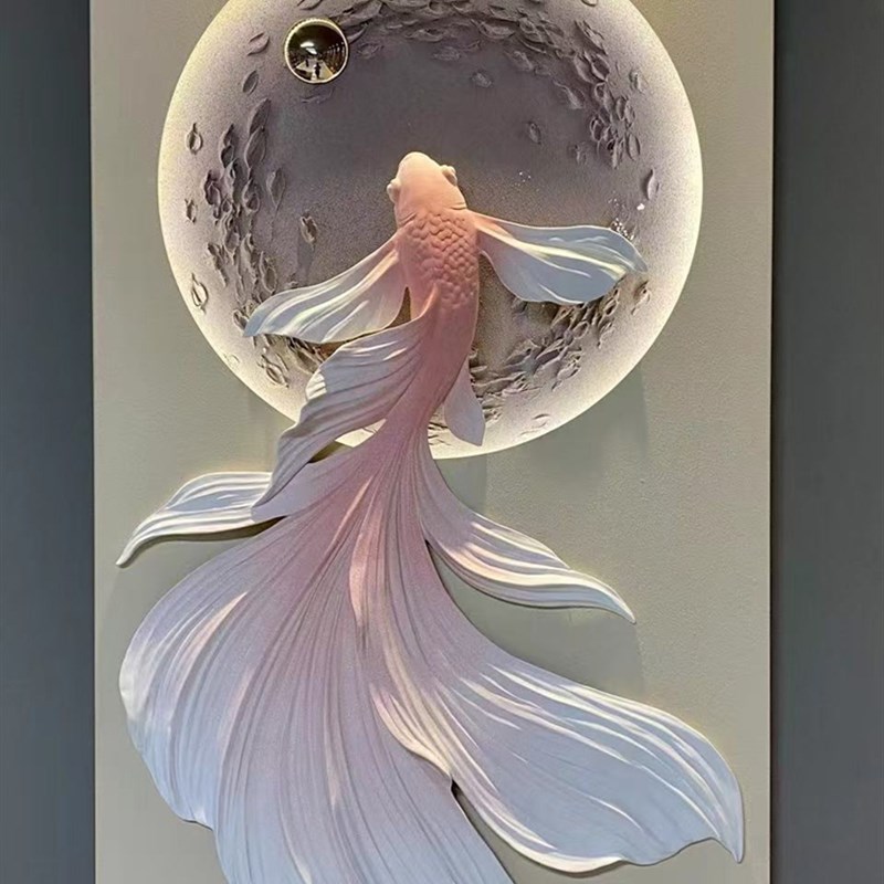 入口门浮雕立体砂岩挂画现代简约易达奢华壁画装饰画夜光灯画锦鲤