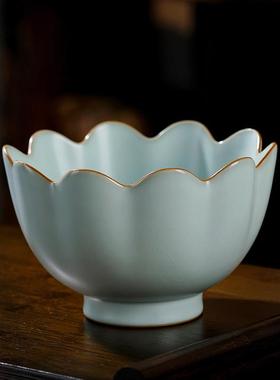 汝窑莲花碗开片可养景德镇陶瓷摆件仿古家居客厅装饰瓷器原矿青瓷