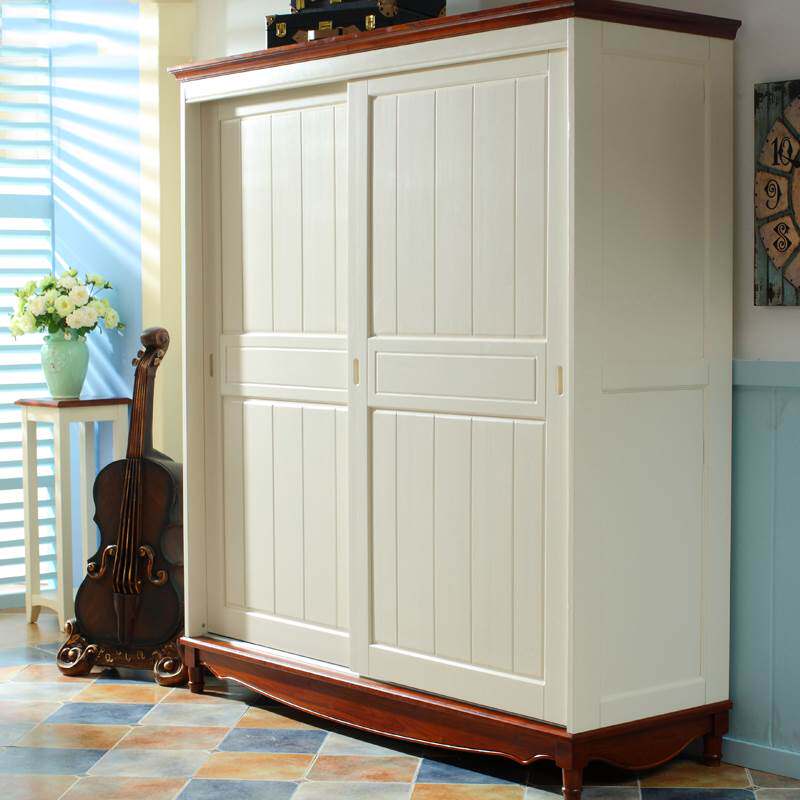 纯实木推拉门衣柜1.3米1.8儿童美式地中海风格原木卧室移门大衣橱