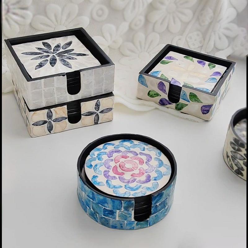 东南亚风格手工彩贝壳杯垫创意天然贝母隔热垫子套装木质装饰碗垫