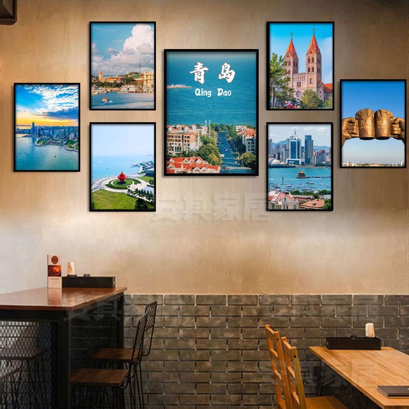 山东青岛风景挂画栈桥五四广场鲁菜餐厅酒店装饰画饭店组合墙壁画图片