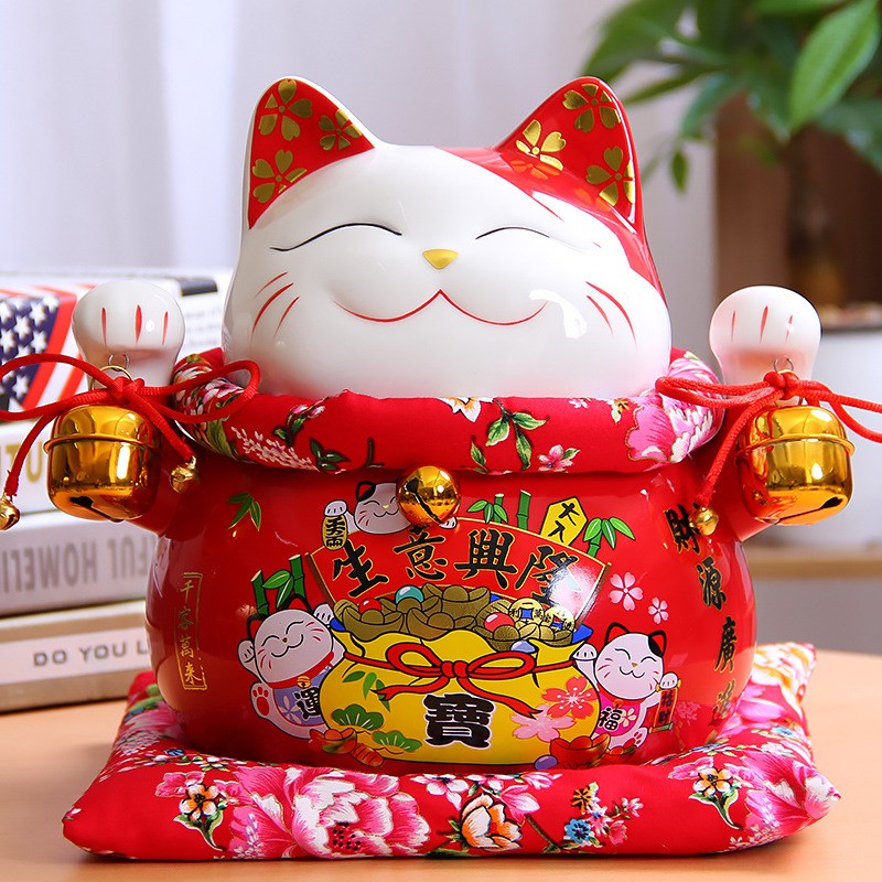 10寸红色招财猫摆件 陶瓷存钱储蓄罐店铺礼品家居摆件