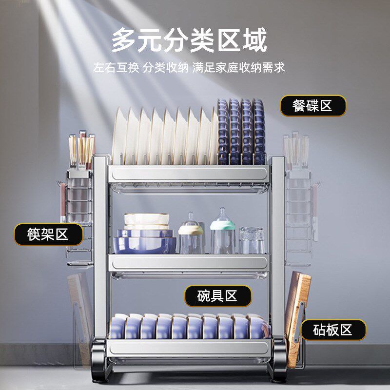 厨房多层不锈钢碗盘置物架2025年新款沥水碗架加厚台面家用收纳架