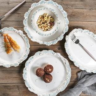 浮雕复古甜品盘圆形动物盘子菜盘鱼盘米饭碗套装 欧式 碗盘餐具家用