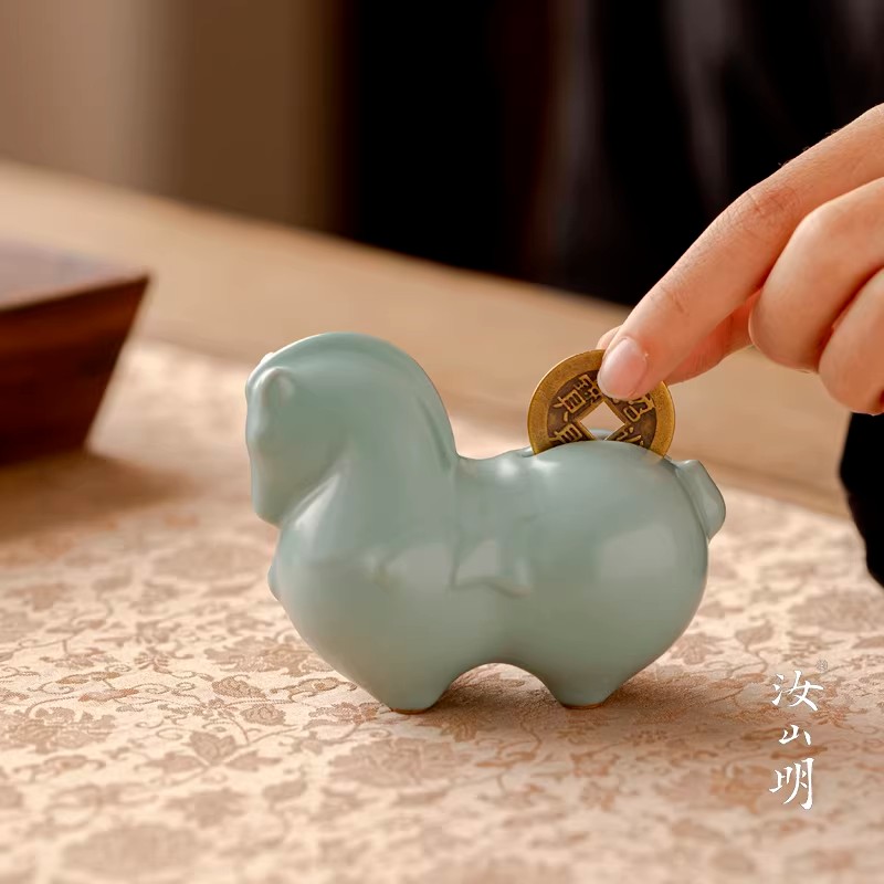 汝山明汝窑马上有钱茶宠摆件送礼
