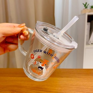牛奶杯 可爱 吸管玻璃杯带刻度儿童水杯透明带把手家用喝水杯子