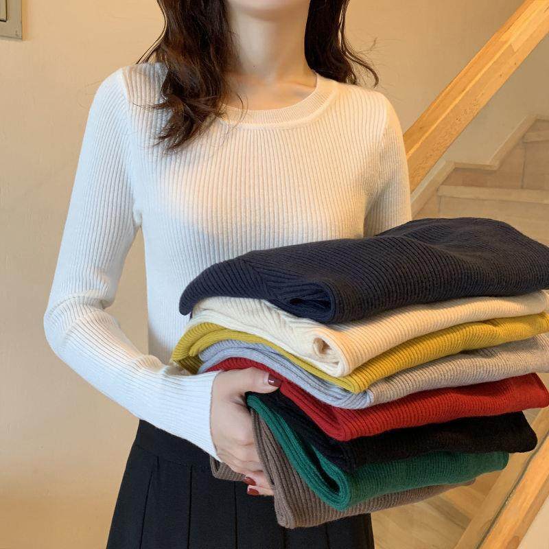 高个子女生加长款上衣大码圆领套头毛衣打底衫女长袖百搭修身紧身