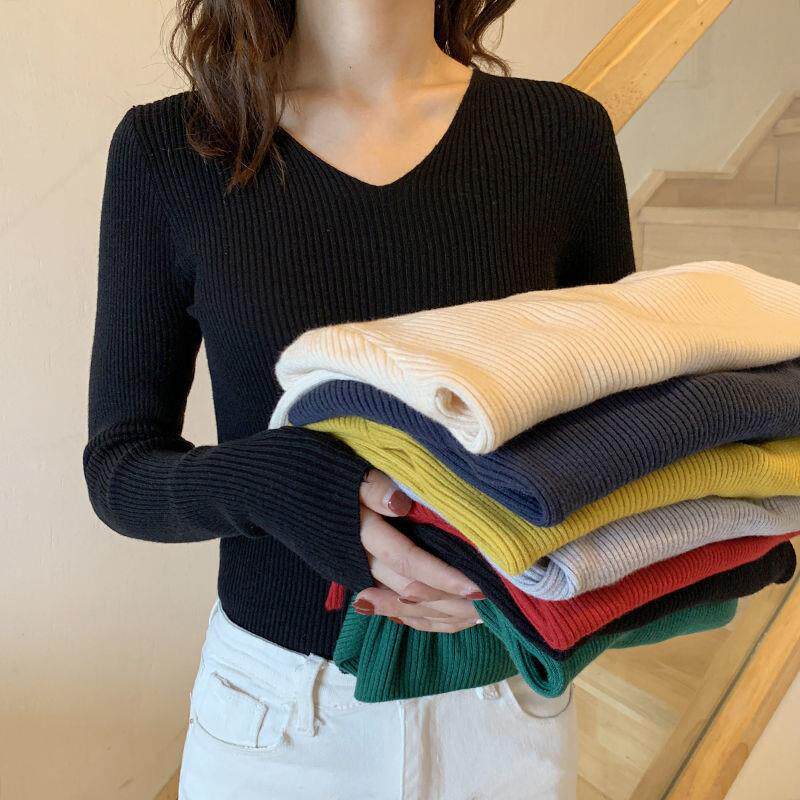 高个子女生【V领】加长款上衣针织大码套头毛衣打底衫纯色修身