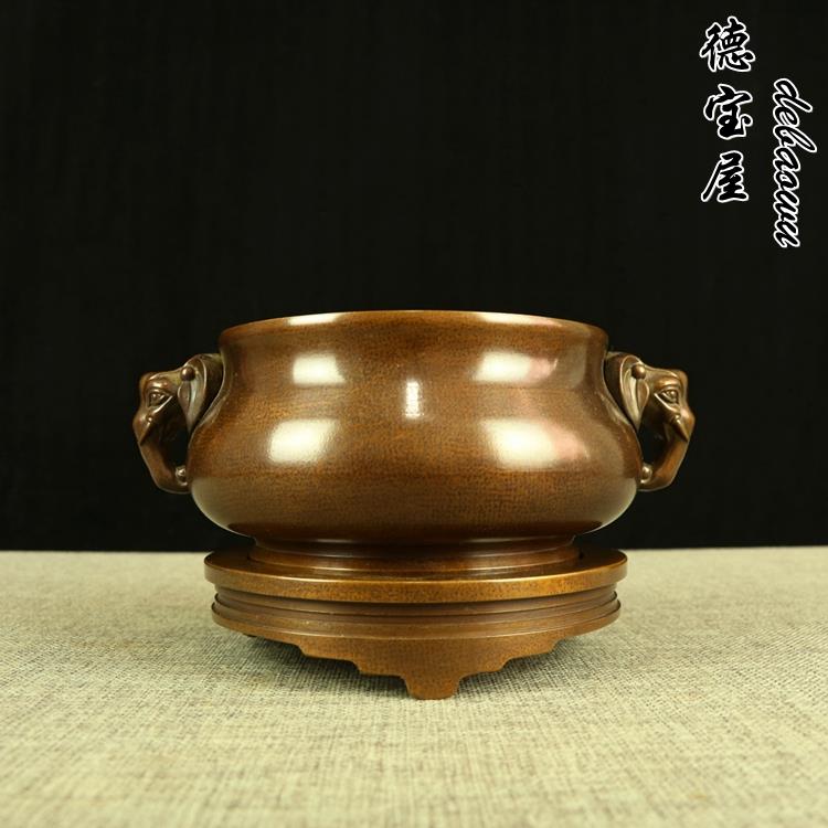 铜香炉纯铜家用室内上香供奉象耳炉底座香插大号仿古全铜香炉铜制