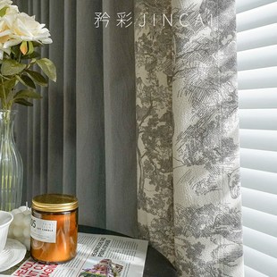 轻奢灰色印花窗帘客厅卧室遮光窗帘布定制新款 加厚雪尼尔窗帘法式