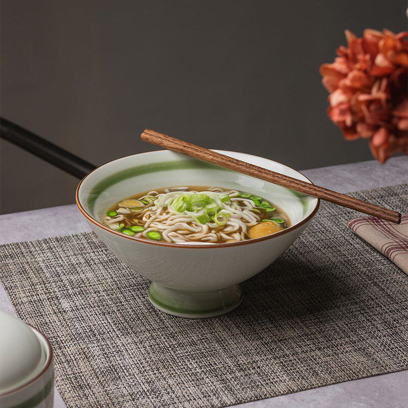 莳绘金缮手工7i.5寸高脚斗笠碗面碗家用陶瓷饭碗沙拉碗拉面碗商用