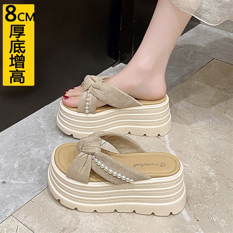 厚底增高8CM小个子珍珠拖s鞋女小码34夏季外穿2025新款松糕凉拖鞋