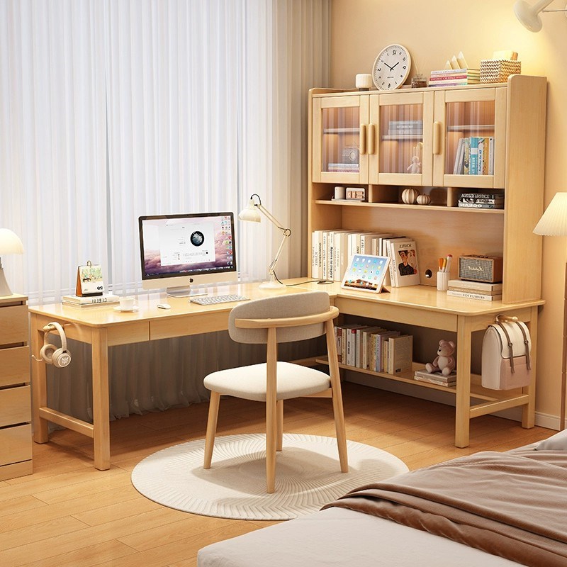 实木转角书桌书架书柜一体组合7字型学生学习桌家用卧室L型电脑桌