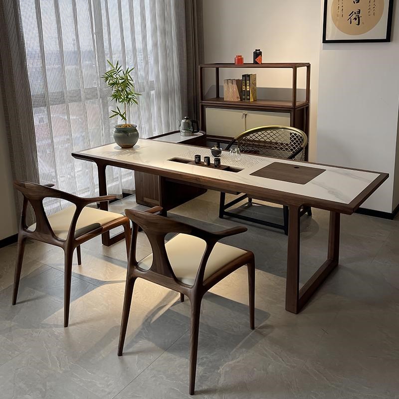 新中式岩板茶桌现代轻奢高级感2024新款高端办公室家用胡桃木茶台